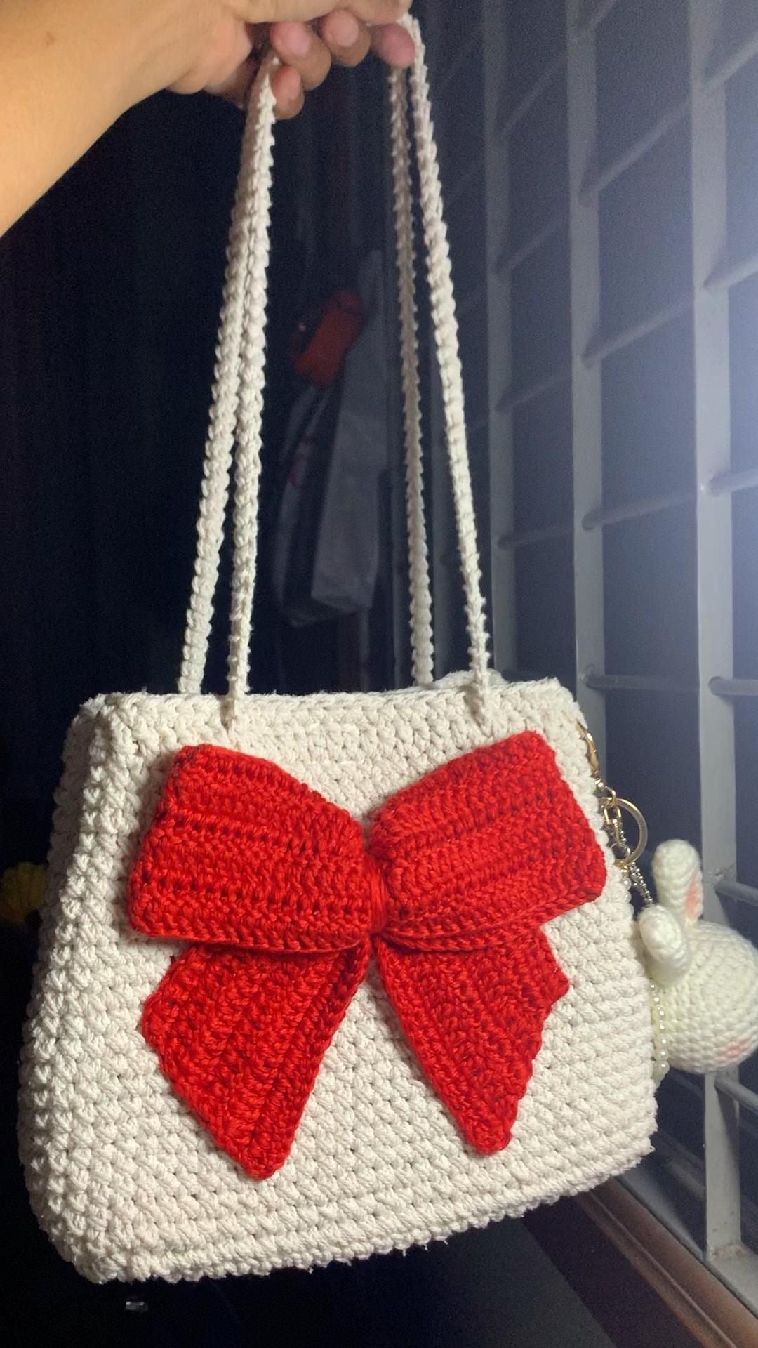 Off White Handmade Designer Bag with Red Bow