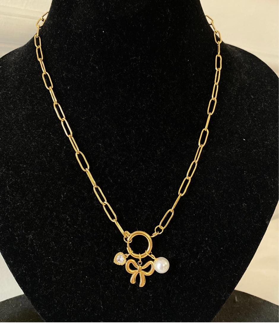 18k Gold-Plated Bow Charms Necklace