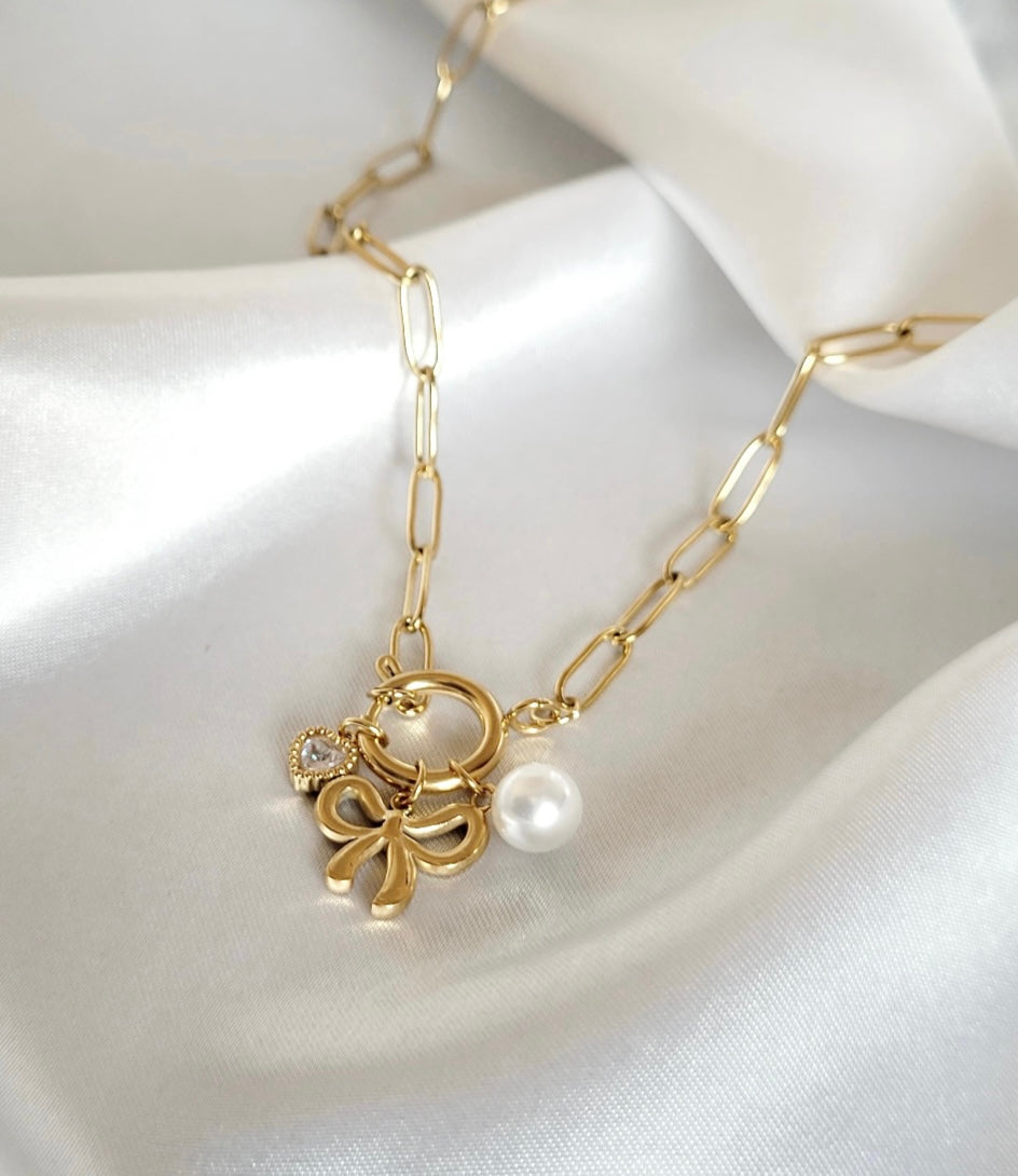 18k Gold-Plated Bow Charms Necklace