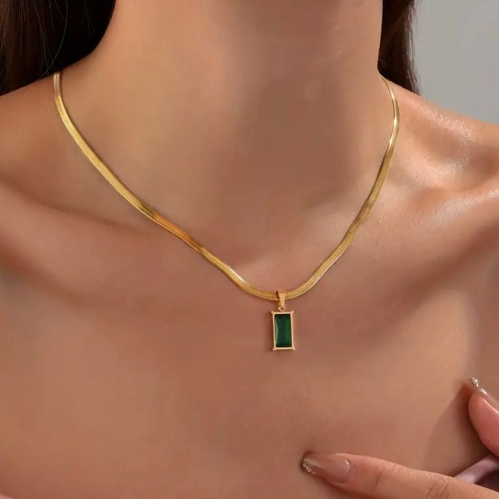 18K Gold-Plated Green Pendant with Chain