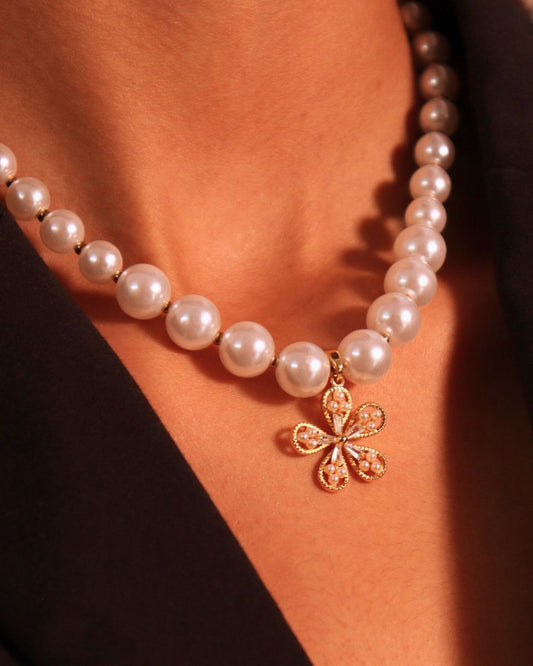 Pearl Necklace with 18K Gold-Plated Flower Pendant